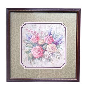 Vtg Home Interiors Art Print Pink Roses Floral Bouquet Sage Mat Wood Framed EUC